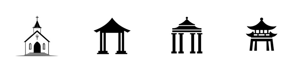 Poster - Set of flat black architectural icons depicting various structures including a church, gazebo, temple, and pagoda