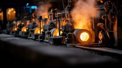 Leinwandbilder - Molten metal flows through a continuous casting machine in a steel mill, glowing orange hot, steam rising from the process.