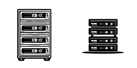 Poster - Detailed black icon illustration depicting server stacks and data storage systems for tech-related projects or digital solutions
