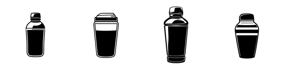 Poster - Collection of flat black icons representing various containers for beverages and food items illustrating their shapes and designs