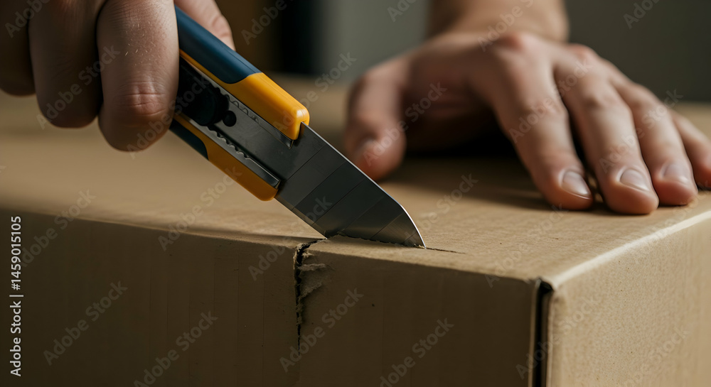 Man opening cardboard box with utility knife unpacking delivery package ...