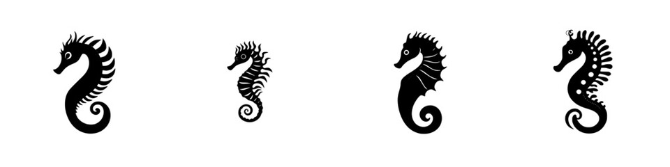 Poster - Flat black seahorse icons in various stylized designs suitable for digital art and graphic applications