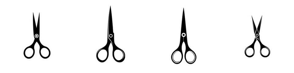 Poster - Flat black icon of scissors displayed in varying positions for design or illustrative purposes