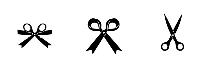 Poster - Flat black scissors and ribbon icons designed for creative projects, crafting, and cutting activities