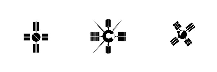 Poster - Flat black icons depicting satellite designs showcasing various arrangements of solar panels and antennae elements in a minimalistic style