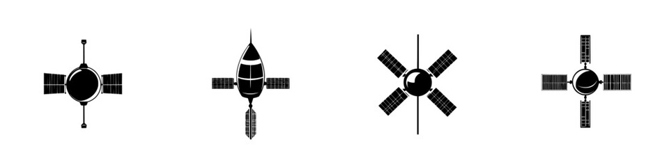 Poster - Various flat black satellite icons representing different styles and designs in space exploration technology