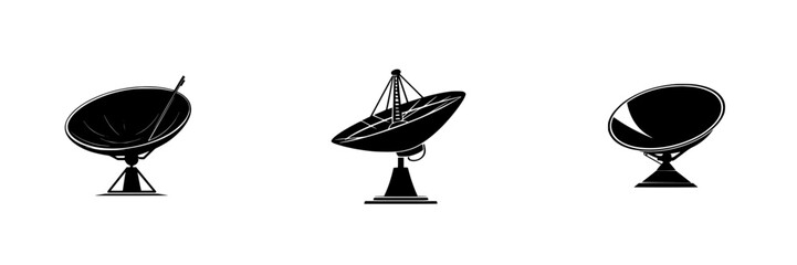 Poster - Collection of flat black satellite dish icons in various positions showcasing telecommunications technology