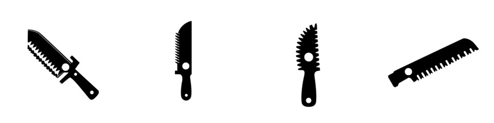 Poster - Set of flat black icons showcasing various types of knives, including a chef knife, a serrated knife, and a utility knife for cooking and crafting