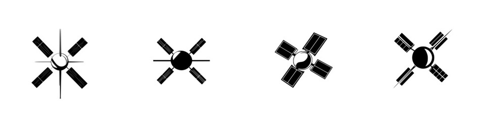 Poster - Flat black satellite icons depicting various orientations and designs on a plain background