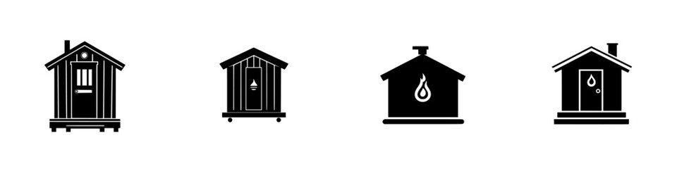 Poster - Collection of flat black icons representing various types of houses and structures for architectural design