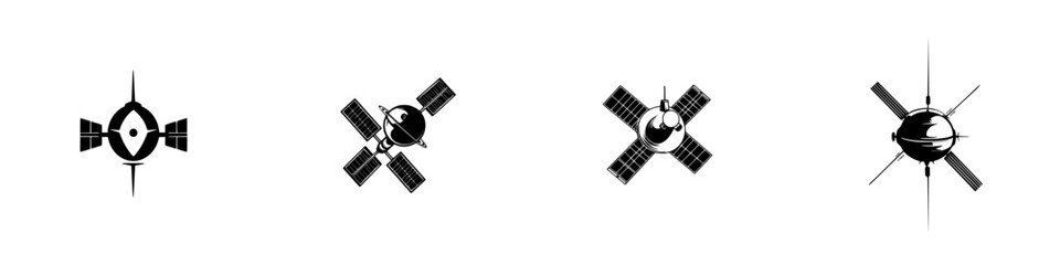 Poster - Flat black icons representing various satellite designs in a minimalist style