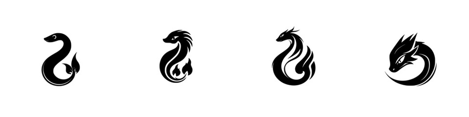 Poster - Unique flat black icons representing various dragon designs for modern art and graphic applications