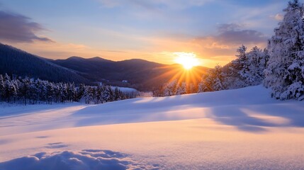Aufkleber - Majestic sunset over snow-covered mountain range, illuminating a serene winter landscape with golden rays and long shadows cast across pristine snow drifts. : Generative AI