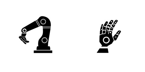 Poster - Flat black icon representation of a robotic arm and a human hand showcasing automation and interaction in technology