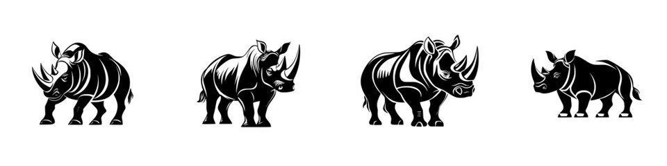 Poster - Stylized flat black icon of rhinoceroses in various sizes and postures showcasing their unique features and characteristics