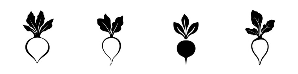Poster - Stylized flat black icons of radishes with varying designs showcasing different perspectives and shapes