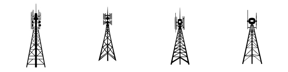 Poster - Black flat icons representing various types of radio transmission towers in a simple and minimalistic style