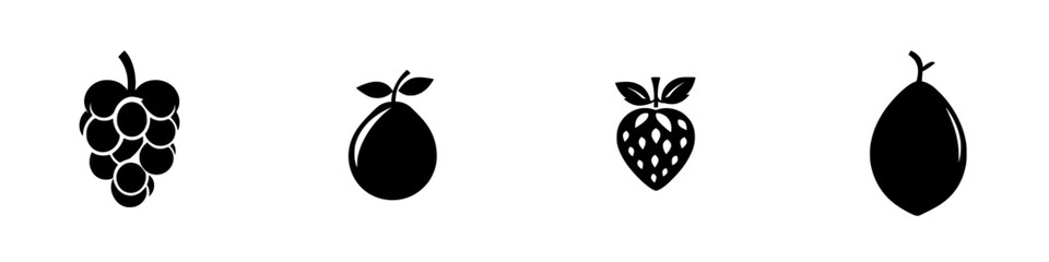 Poster - Collection of flat black fruit icons featuring grapes, pear, strawberry, and avocado design elements for creative projects