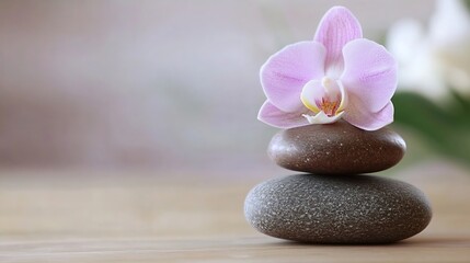 Aufkleber - Serene spa scene: a delicate pink orchid rests atop a balanced stack of smooth, gray and brown stones, on a light wood surface. : Generative AI