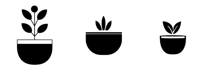Poster - stylized flat black icons of potted plants in various arrangements showcasing simplistic design and 