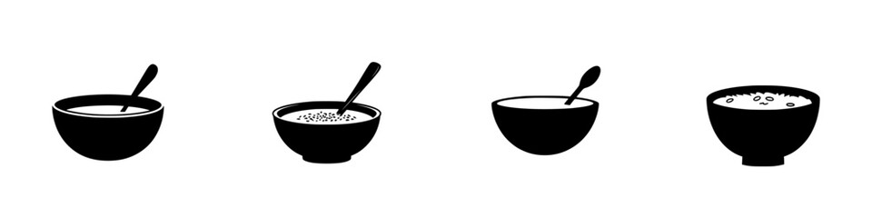Poster - Various flat black icons of bowls with spoons depicting different types of food or ingredients typically found in kitchens