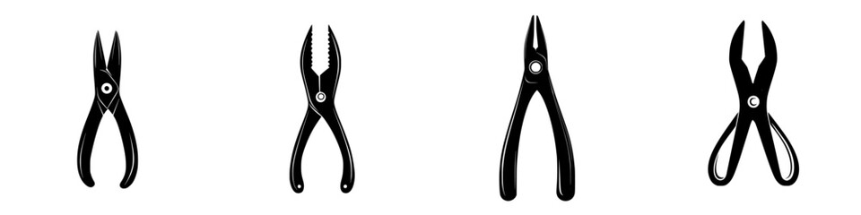 Poster - Flat black icon set featuring various types of pliers for tool design and crafting needs