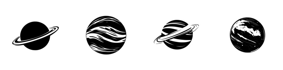 Poster - flat black icons representing planets with distinct textures and designs in a simple artistic arrang