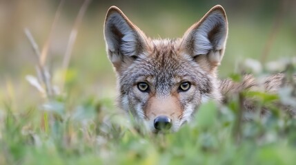 Fototapete - A young coyote's intense gaze peers from behind tall green grass, its amber eyes captivating against the blurred natural background. : Generative AI