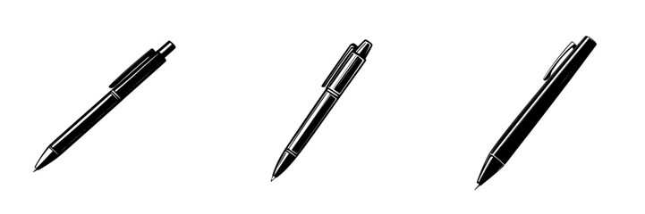Poster - Black icon set of various pen designs illustrating elegance and versatility for creative projects and branding purposes