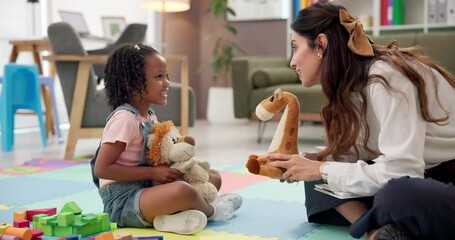 Poster - Happy, talking and toys with therapist and girl playing games for development, learning and story. Classroom, wellness therapy and fairy tale with kid, child student and woman with stuffed animal