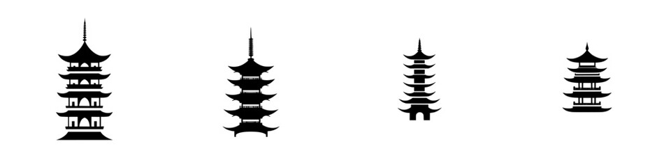 Poster - Various styles of flat black pagoda icons representing traditional Asian architecture in a minimalist design for modern applications