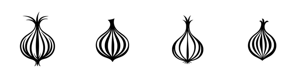 Poster - Flat black onion icon set featuring various stylized shapes and designs suitable for culinary themes