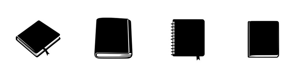 Poster - Variety of flat black icons depicting different types of notebooks and journals in a minimalist style