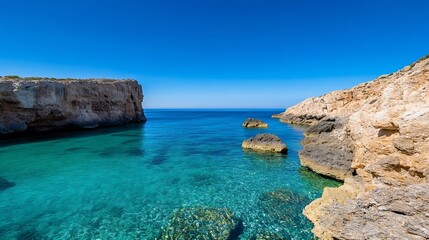 Poster - Serene turquoise cove nestled between dramatic limestone cliffs under a vibrant blue sky, offering a tranquil escape. : Generative AI