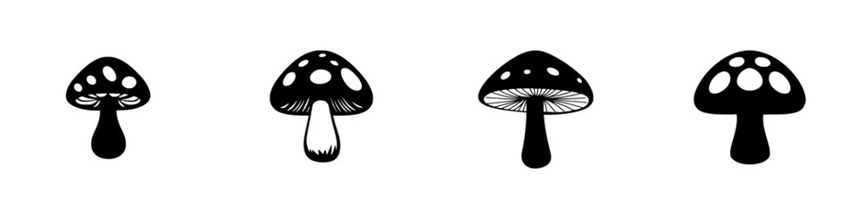 Poster - Collection of flat black mushroom icons showcasing various shapes and styles for graphic design and illustration projects