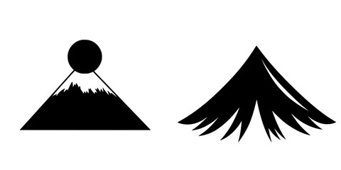 Poster - Flat black icon depicting abstract mountain shapes with a sun and stylized peak design used for various creative projects