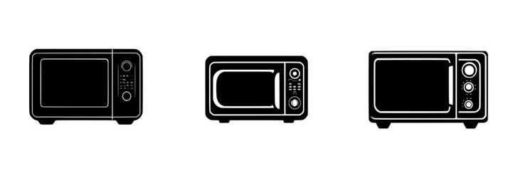 Poster - Various flat black microwave icons representing modern kitchen appliances for food preparation and heating