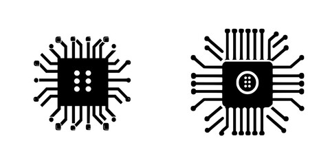 Poster - Flat black icon representing two different microchip designs showcasing intricate circuit patterns and connectivity details