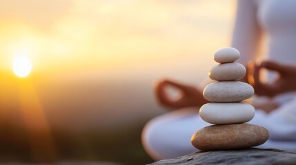 Poster - Serene sunset scene featuring a carefully balanced stack of stones, symbolizing peace and mindfulness, with a blurred figure meditating in the background. : Generative AI
