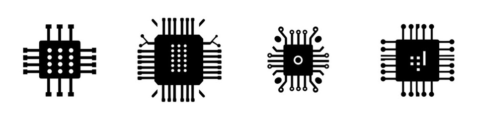 Poster - Flat black icons of microchips representing technological components and circuitry designs in a minimalistic style