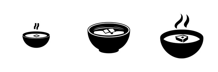 Poster - Black icon set depicting different types of soup bowls with steam rising, showcasing variety in design and presentation