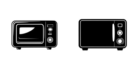 Poster - Stylized flat black icons of two different microwave oven designs side by side for kitchen and appliance illustration