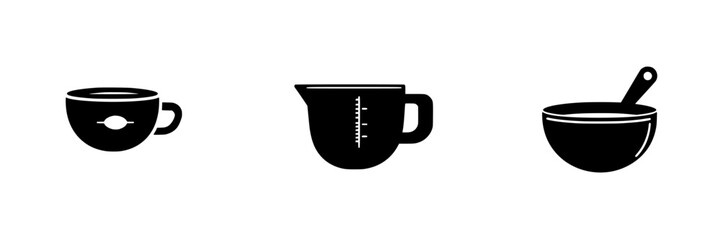 Poster - Black icons representing a cup, measuring jug, and bowl for kitchen and beverage design use in cooking or dining settings