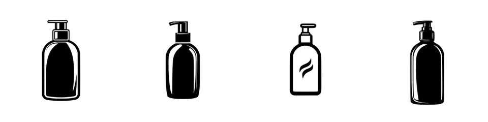 Poster - Flat black icon of various cosmetic and personal care bottles displayed in a simple, minimalist style