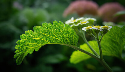 Poster - Close-up of a vibrant green leaf with intricate vein patterns, showcasing a detailed texture against a blurred background of small white flowers.