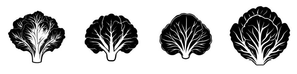 Poster - Various flat black icons of lettuce leaves in different styles showcasing their unique shapes and textures