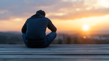 Poster - Silhouette of a man sitting on wooden planks, watching a vibrant sunset over a blurred cityscape.  The warm colors of the evening sky contrast with his dark clothing. : Generative AI