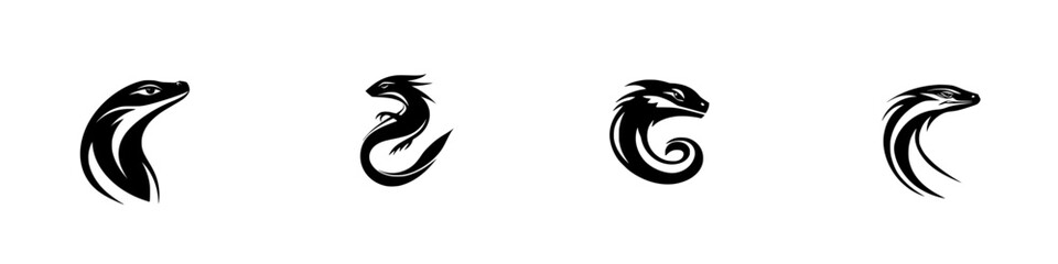 Poster - Set of flat black icons representing various stylized dragon and serpent designs for creative projects