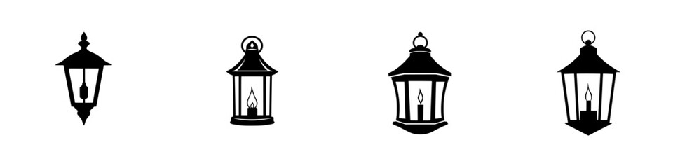 Poster - Flat black icons of various lantern designs displayed in a row, showcasing unique styles and shapes for decorative purposes