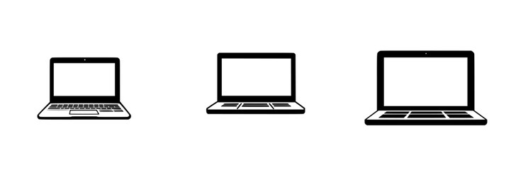 Leinwandbilder - Flat black icon set of three laptop designs showing varied screen outlines and keyboard placements for digital applications